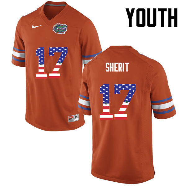 Youth Florida Gators #17 Jordan Sherit College Football USA Flag Fashion Jerseys-Orange - Click Image to Close